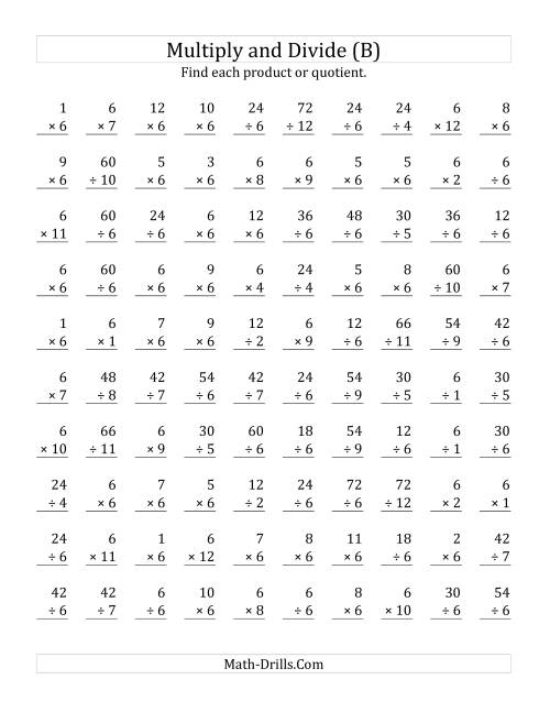 The Multiplying and Dividing by 6 (B) Math Worksheet