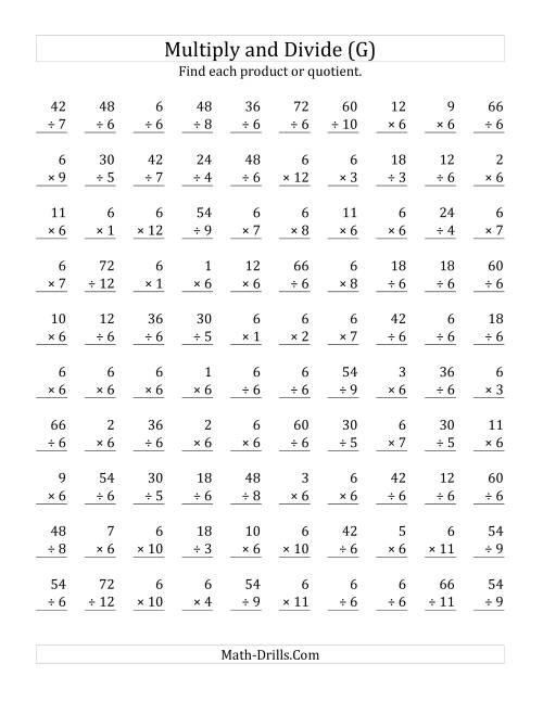 The Multiplying and Dividing by 6 (G) Math Worksheet