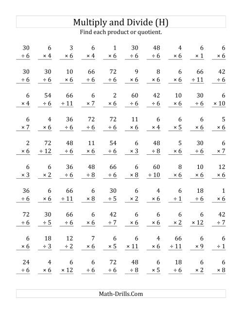 The Multiplying and Dividing by 6 (H) Math Worksheet