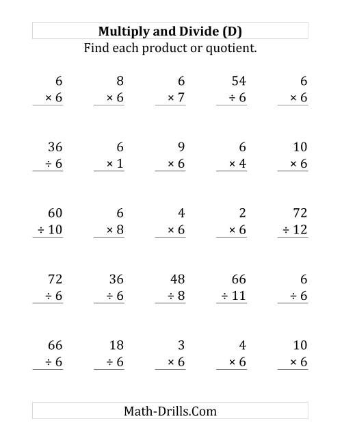 The Multiplying and Dividing by 6 (D) Math Worksheet