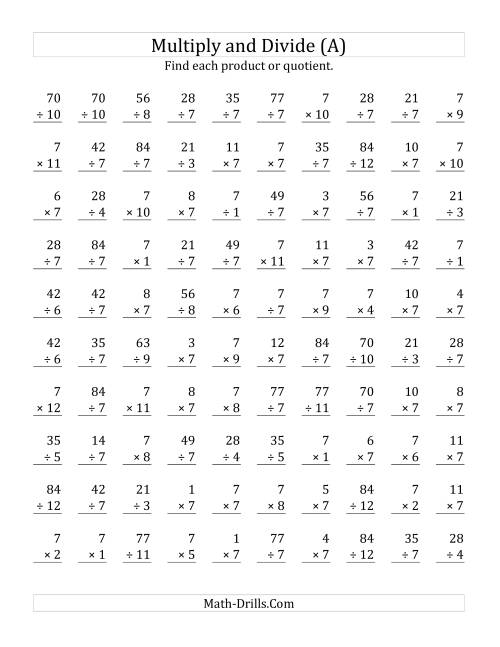 The Multiplying and Dividing by 7 (A) Math Worksheet
