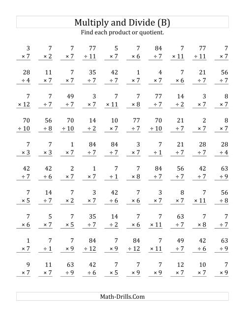 The Multiplying and Dividing by 7 (B) Math Worksheet