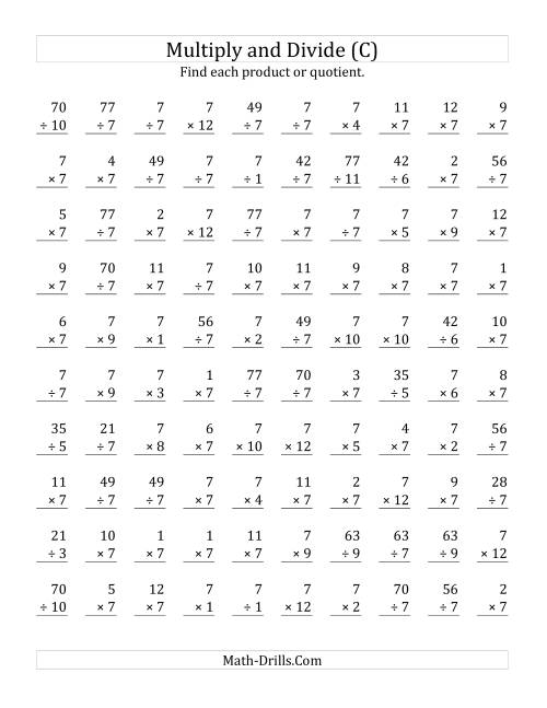 The Multiplying and Dividing by 7 (C) Math Worksheet