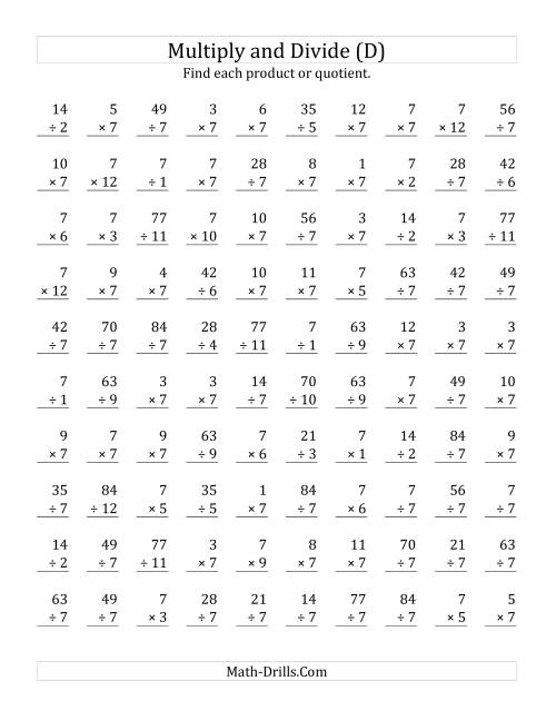 The Multiplying and Dividing by 7 (D) Math Worksheet