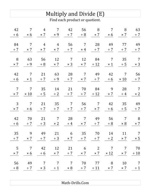 The Multiplying and Dividing by 7 (E) Math Worksheet