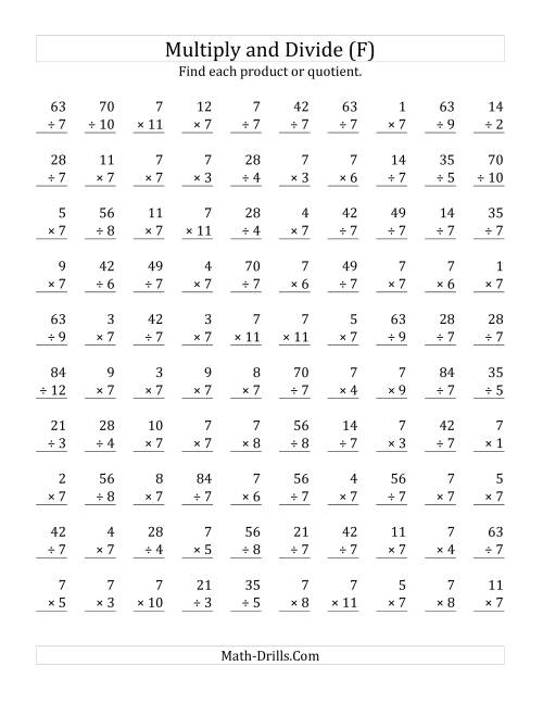 The Multiplying and Dividing by 7 (F) Math Worksheet
