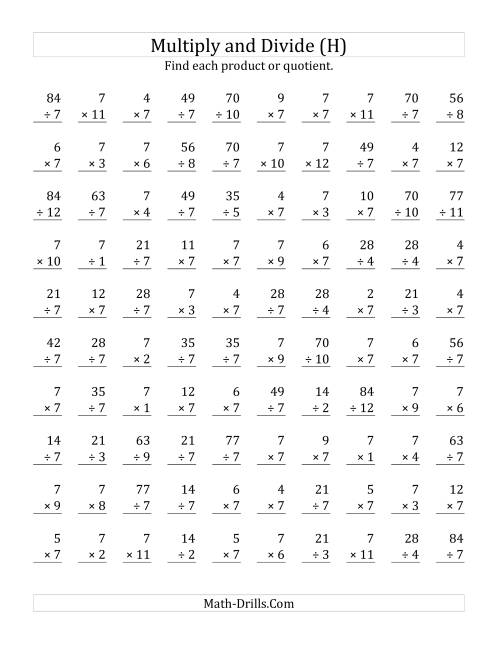The Multiplying and Dividing by 7 (H) Math Worksheet