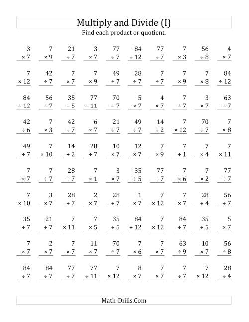 The Multiplying and Dividing by 7 (I) Math Worksheet