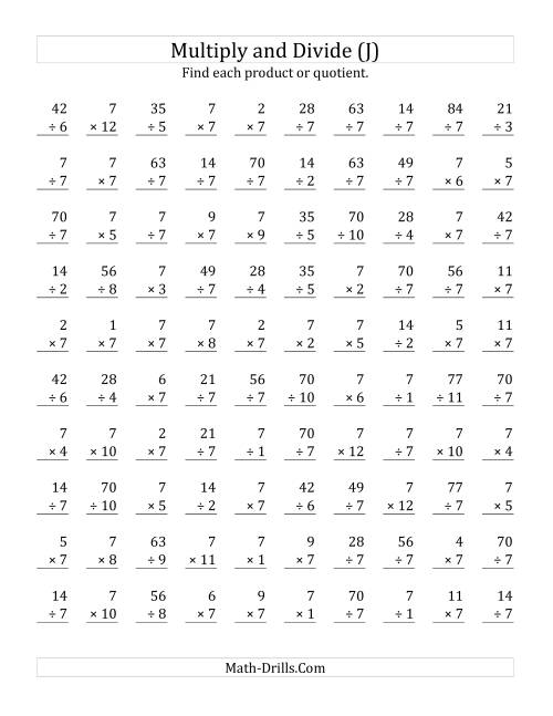 The Multiplying and Dividing by 7 (J) Math Worksheet