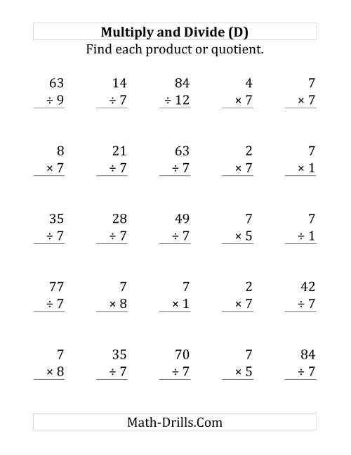 The Multiplying and Dividing by 7 (D) Math Worksheet