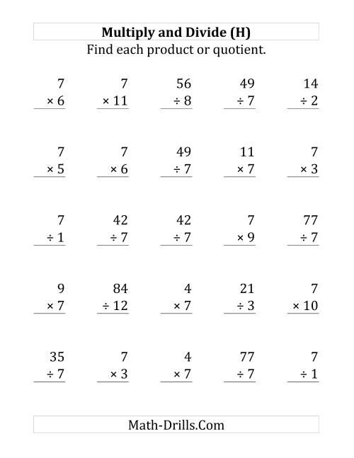 The Multiplying and Dividing by 7 (H) Math Worksheet