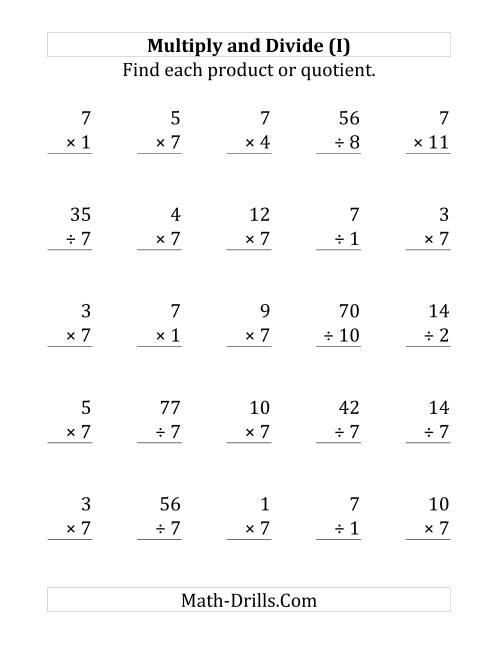 The Multiplying and Dividing by 7 (I) Math Worksheet