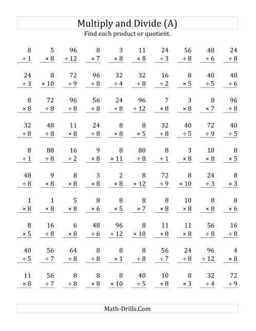 The Multiplying and Dividing by 8 (A) Math Worksheet