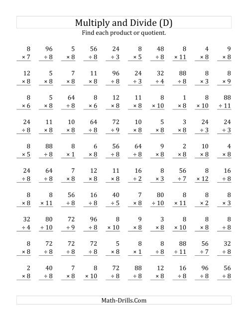 The Multiplying and Dividing by 8 (D) Math Worksheet
