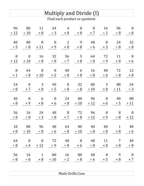 The Multiplying and Dividing by 8 (I) Math Worksheet