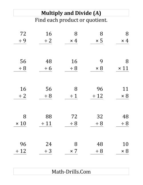 The Multiplying and Dividing by 8 (A) Math Worksheet