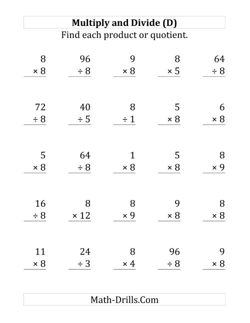 The Multiplying and Dividing by 8 (D) Math Worksheet