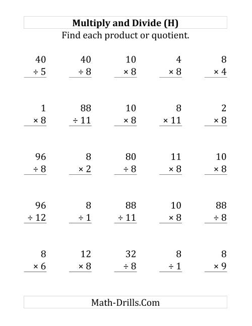 The Multiplying and Dividing by 8 (H) Math Worksheet