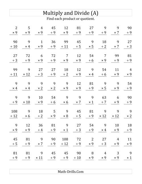 The Multiplying and Dividing by 9 (A) Math Worksheet