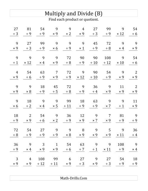 The Multiplying and Dividing by 9 (B) Math Worksheet