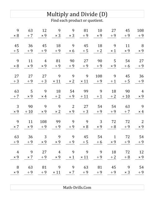 The Multiplying and Dividing by 9 (D) Math Worksheet