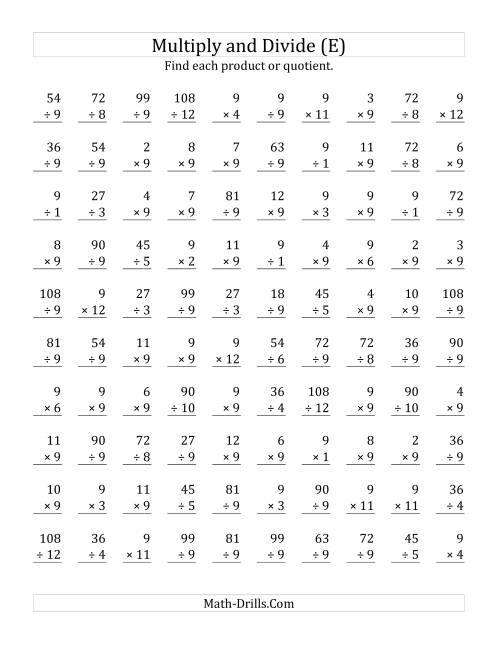 The Multiplying and Dividing by 9 (E) Math Worksheet