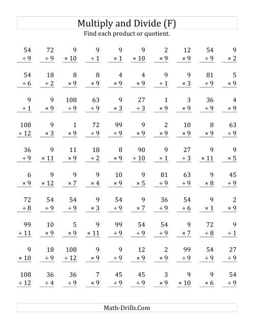 The Multiplying and Dividing by 9 (F) Math Worksheet
