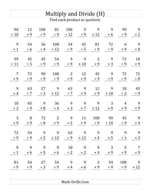 The Multiplying and Dividing by 9 (H) Math Worksheet