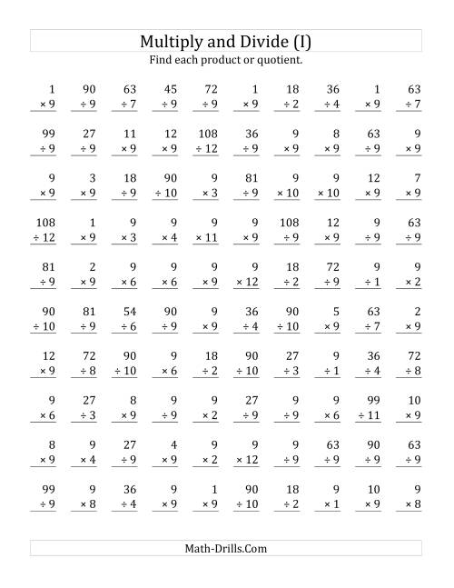 The Multiplying and Dividing by 9 (I) Math Worksheet