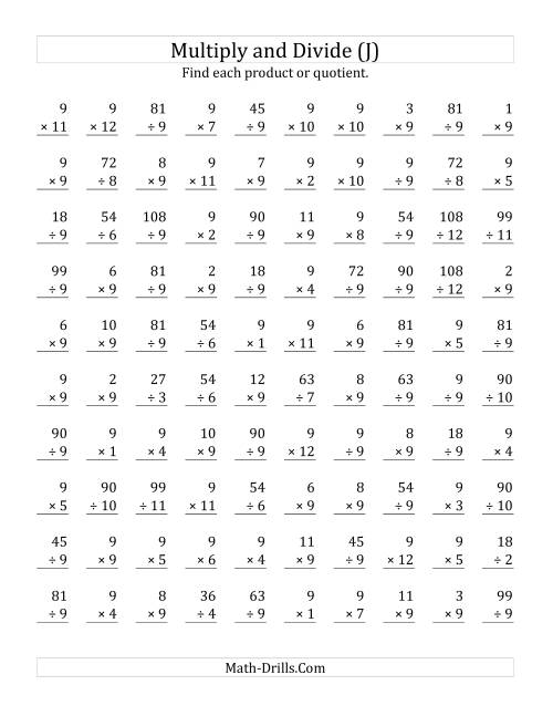 The Multiplying and Dividing by 9 (J) Math Worksheet
