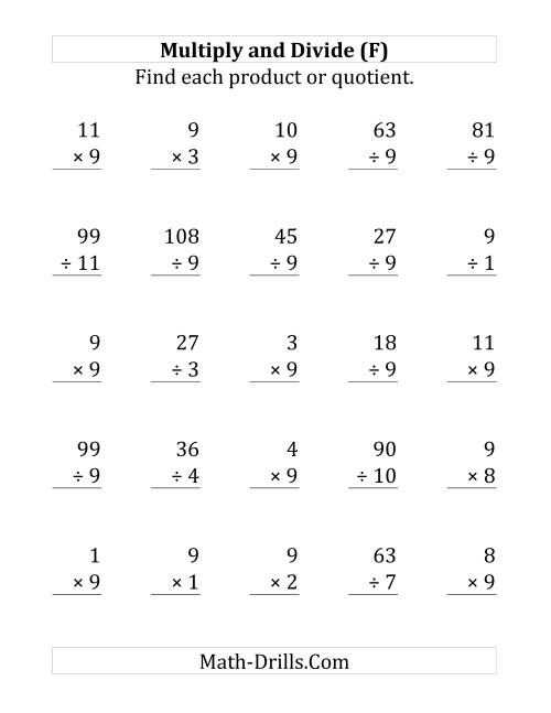 The Multiplying and Dividing by 9 (F) Math Worksheet