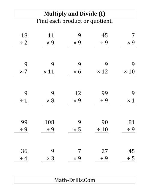 The Multiplying and Dividing by 9 (I) Math Worksheet