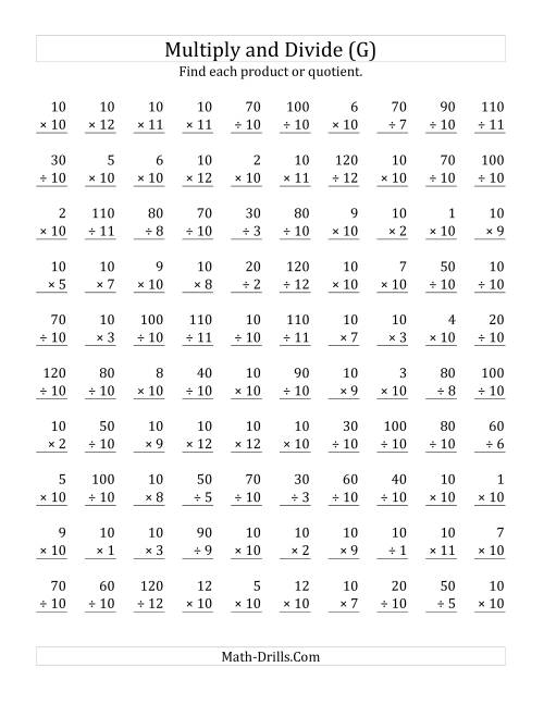 The Multiplying and Dividing by 10 (G) Math Worksheet