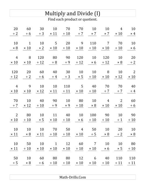 The Multiplying and Dividing by 10 (I) Math Worksheet
