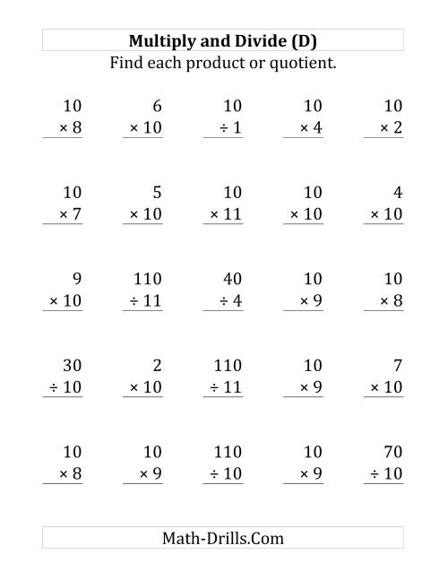 The Multiplying and Dividing by 10 (D) Math Worksheet