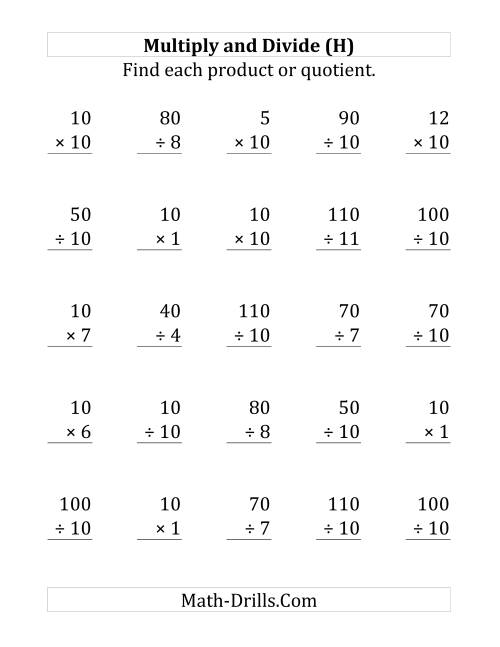 The Multiplying and Dividing by 10 (H) Math Worksheet