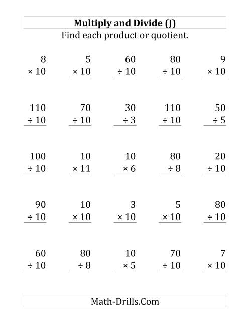 The Multiplying and Dividing by 10 (J) Math Worksheet