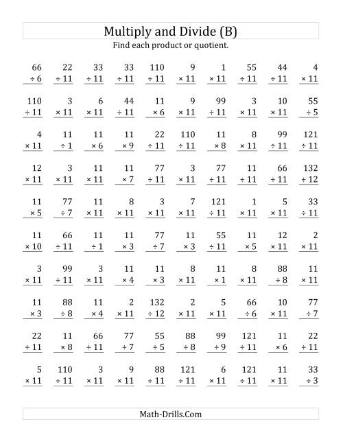 The Multiplying and Dividing by 11 (B) Math Worksheet