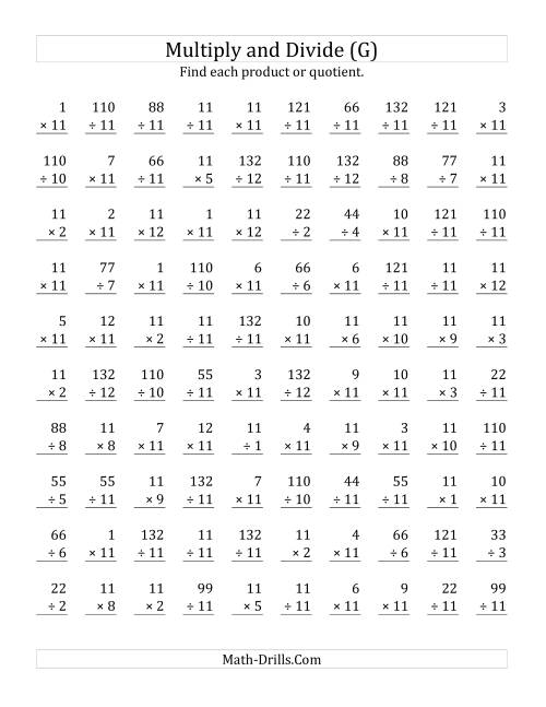 The Multiplying and Dividing by 11 (G) Math Worksheet