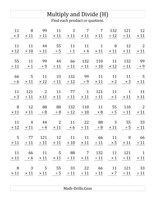 The Multiplying and Dividing by 11 (H) Math Worksheet