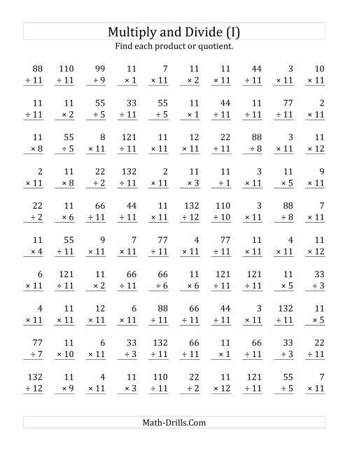 The Multiplying and Dividing by 11 (I) Math Worksheet