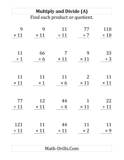 The Multiplying and Dividing by 11 (A) Math Worksheet