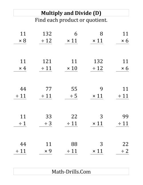 The Multiplying and Dividing by 11 (D) Math Worksheet