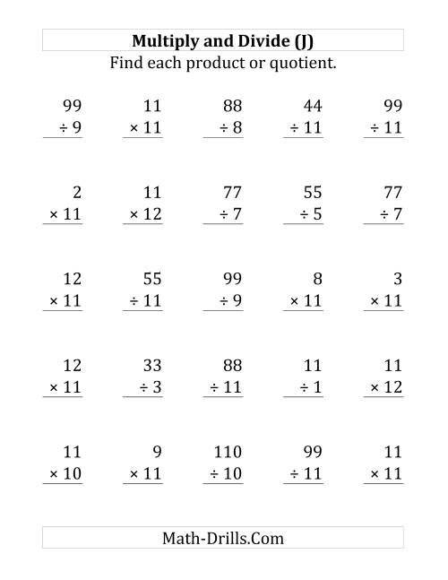 The Multiplying and Dividing by 11 (J) Math Worksheet