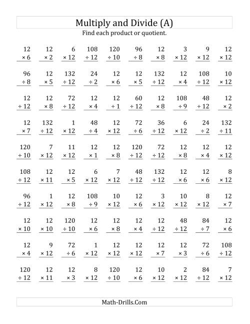 The Multiplying and Dividing by 12 (A) Math Worksheet