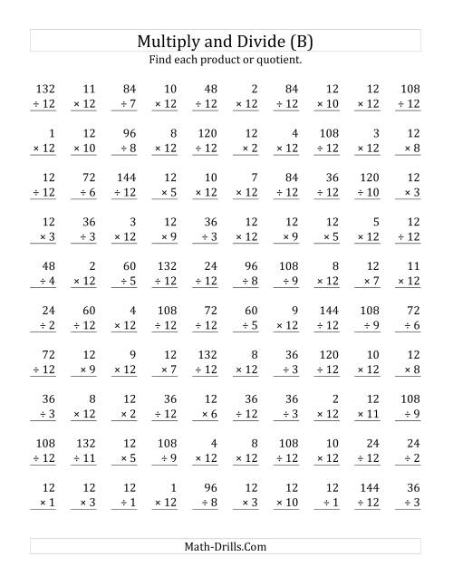 The Multiplying and Dividing by 12 (B) Math Worksheet