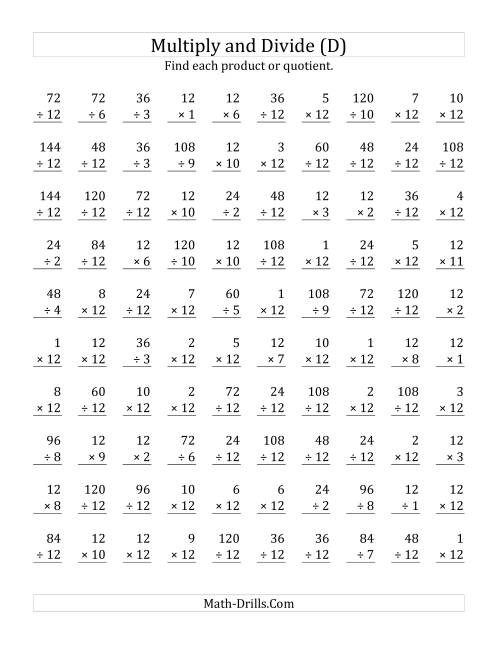 The Multiplying and Dividing by 12 (D) Math Worksheet