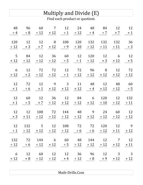 The Multiplying and Dividing by 12 (E) Math Worksheet