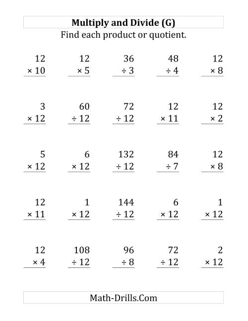 The Multiplying and Dividing by 12 (G) Math Worksheet