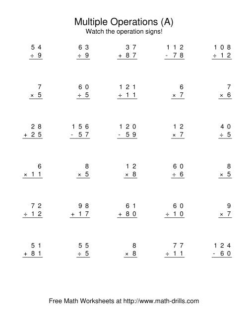 The All Operations Using Numbers to 12 (A) Math Worksheet